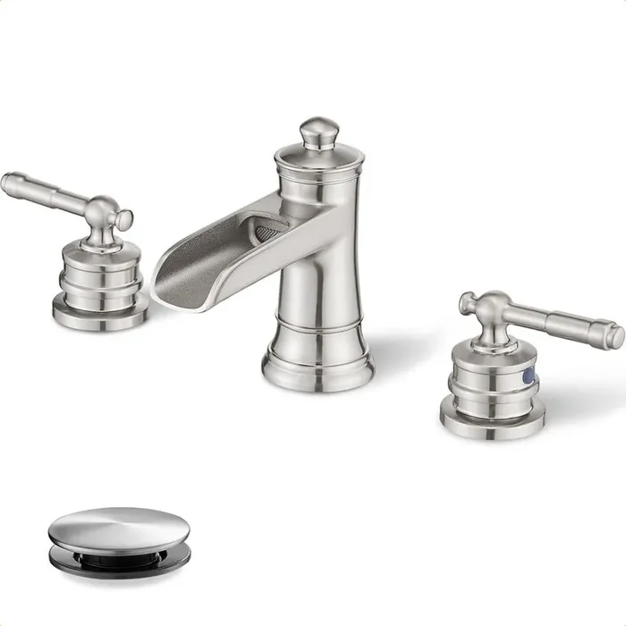 1-Piece Widespread Bathroom Faucet with Pop-Up Drain in Brushed Nickel, Brass Waterfall Faucet for Bathroom Sink