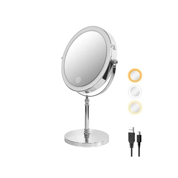14 in. H Round Tabletop Double Sided Bathroom Makeup Mirror with LED Light Rechargeable and Touch Dimmable, Chrome