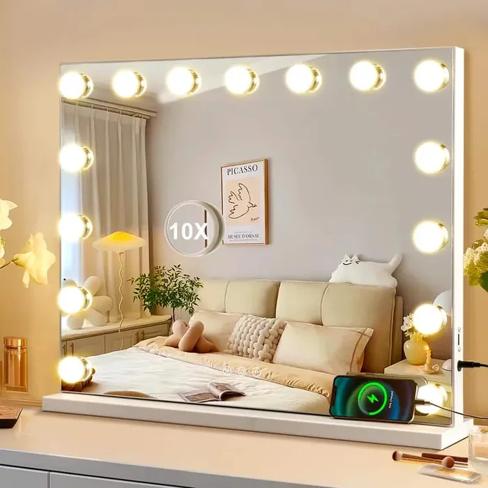 22 in. W x 18 in. H Rectangular Framed LED Bulb Hollywood Tabletop Bathroom Makeup Mirror in White with 3-Color Lights