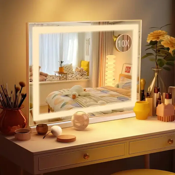 22 in. W x 18 in. H Rectangular Framed LED Tabletop Bathroom Makeup Mirror in White with 3-Color Dimmable Lights