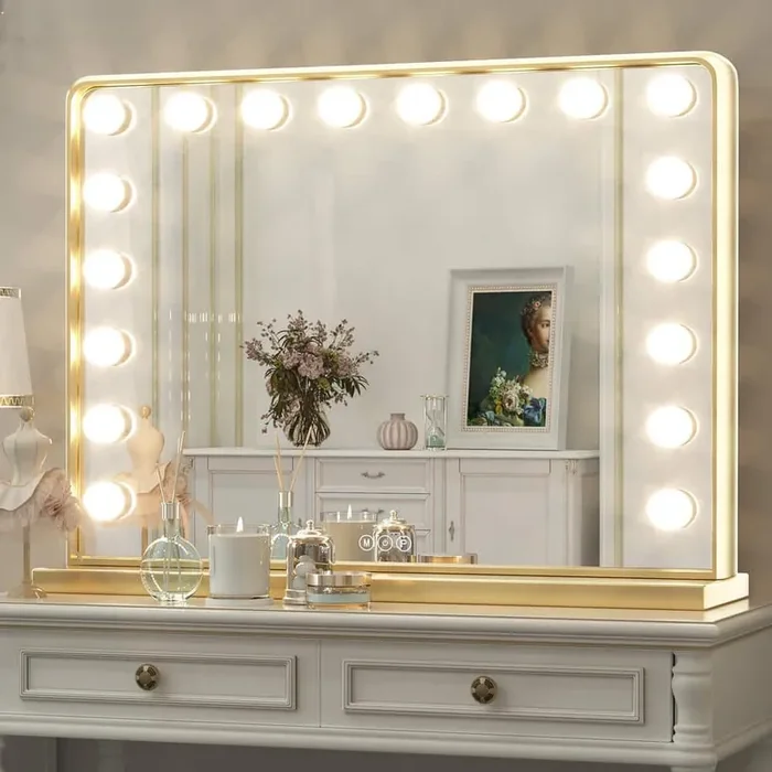 32 in. W x 24 in. H Hollywood Vanity Mirror Light, Makeup Dimmable Lighted Mirror for Table in Brass Gold Frame