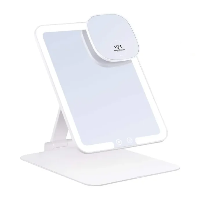 6 in. W. x 8 in. H Rectangular Tabletop 3-Colors Dimming LED Folding Makeup Mirror in White with 10 x Magnification