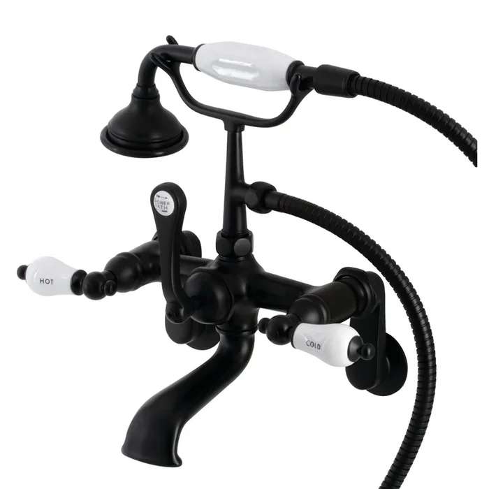 Aqua Vintage AE53T0 Three-Handle 2-Hole Tub Wall Mount Clawfoot Tub Faucet with Hand Shower, Matte Black
