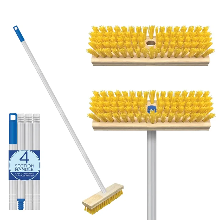 Deck Scrub Brush with 48″ Long Broom Handle and 9.0″ x 3.5″ scrubber w/ 4-piece threaded handle and 2 heads
