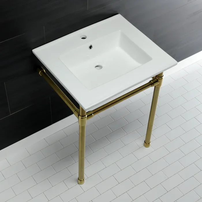 Dreyfuss KVPB2522717 25-Inch Ceramic Console Sink with Stainless Steel Legs (1-Hole), White/Brushed Brass