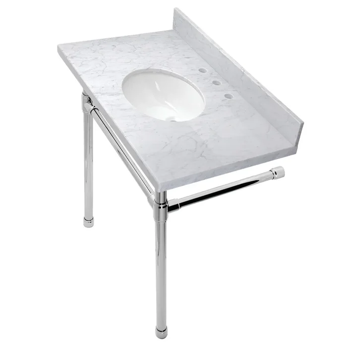 Dreyfuss KVPB36M81ST 36-Inch Carrara Marble Vanity Top with Stainless Steel Legs (8-Inch, 3-Hole), Carrara Marble White/Polished Chrome