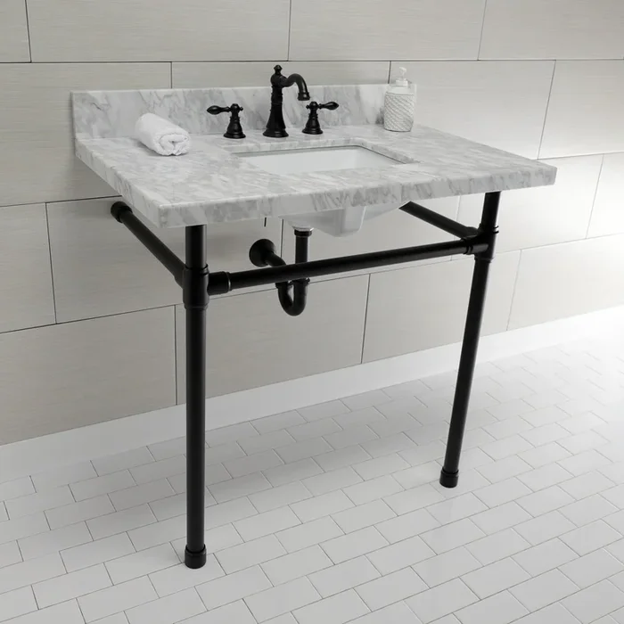 Dreyfuss KVPB36M8SQ0ST 36-Inch Carrara Marble Vanity Top with Stainless Steel Legs (8-Inch, 3-Hole), Carrara Marble White/Matte Black