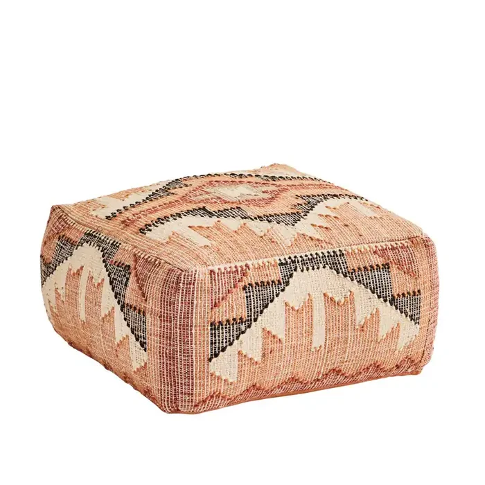 Hand Woven Wool Pouf – Orange, Burnt Red, Sand & Black