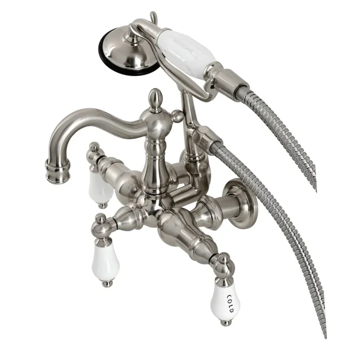 Heritage CA1009T8 Three-Handle 2-Hole Tub Wall Mount Clawfoot Tub Faucet with Hand Shower, Brushed Nickel