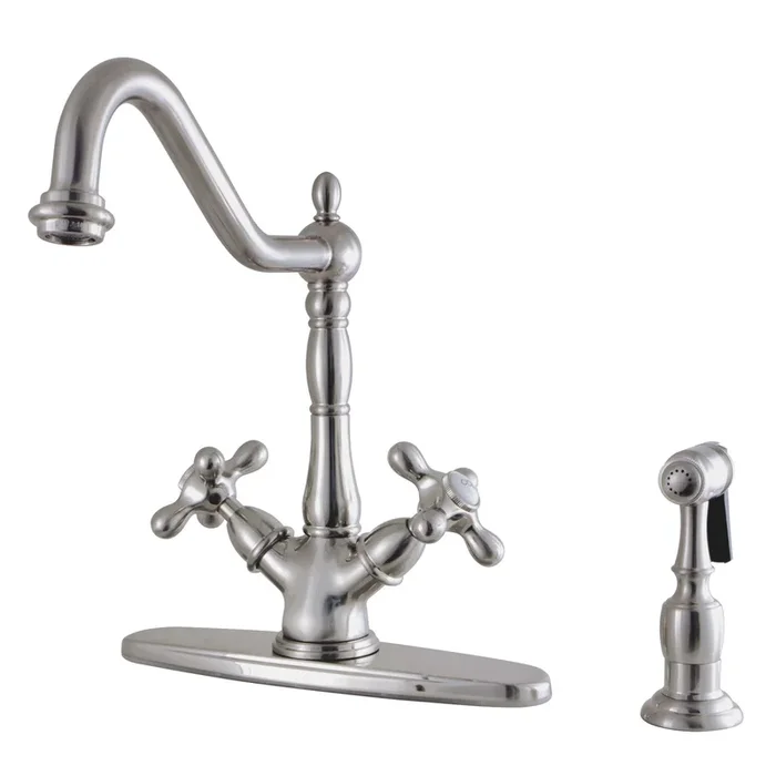 Heritage KS1238AXBS Two-Handle 2-or-4 Hole Kitchen Faucet with Brass Sprayer, Brushed Nickel