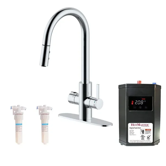 HotMaster 4-in-1 Single-Handle Pull Down Kitchen Faucet with DigiHot Instant Hot Water Tank in Polished Chrome