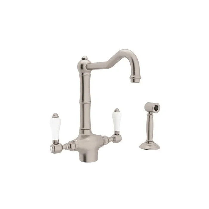 Kitchen Faucet Acqui with Sidespray 2 Porcelain Lever Satin Nickel Column Spout 1.5 Gallons per Minute