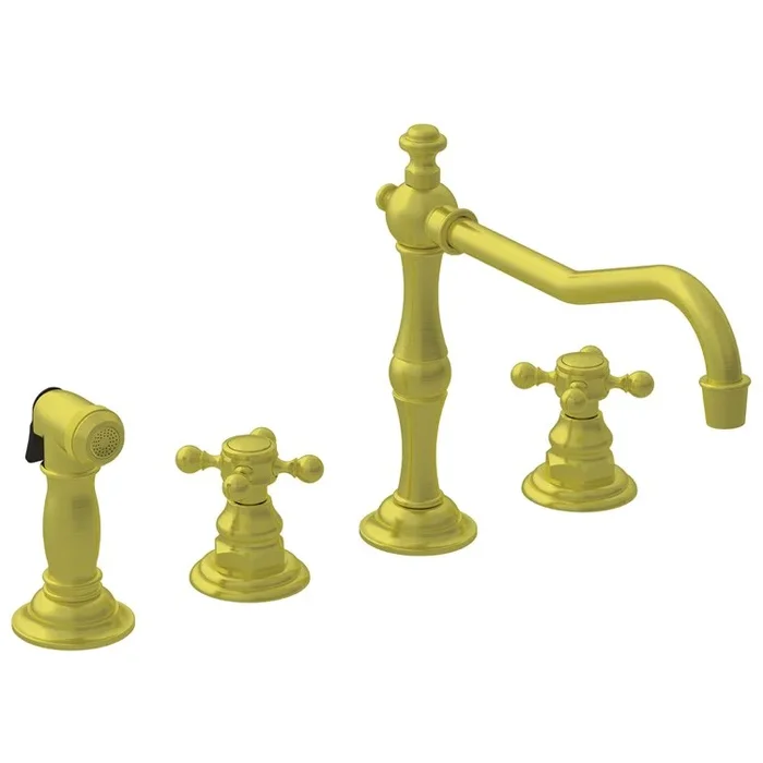 Kitchen Faucet Chesterfield 8 to 20 Inch Spread 2 Cross ADA Satin Gold PVD Pull Out Sidespray Spout Height 5-5/9 Inch Spout Reach 9-1/2 Inch 1.8 Gallons per Minute