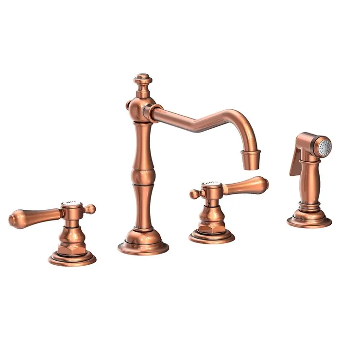 Kitchen Faucet Chesterfield 8 to 20 Inch Spread 2 Lever ADA Antique Copper Pull Out Sidespray Spout Height 5-5/9 Inch Spout Reach 9-1/2 Inch 1.8 Gallons per Minute