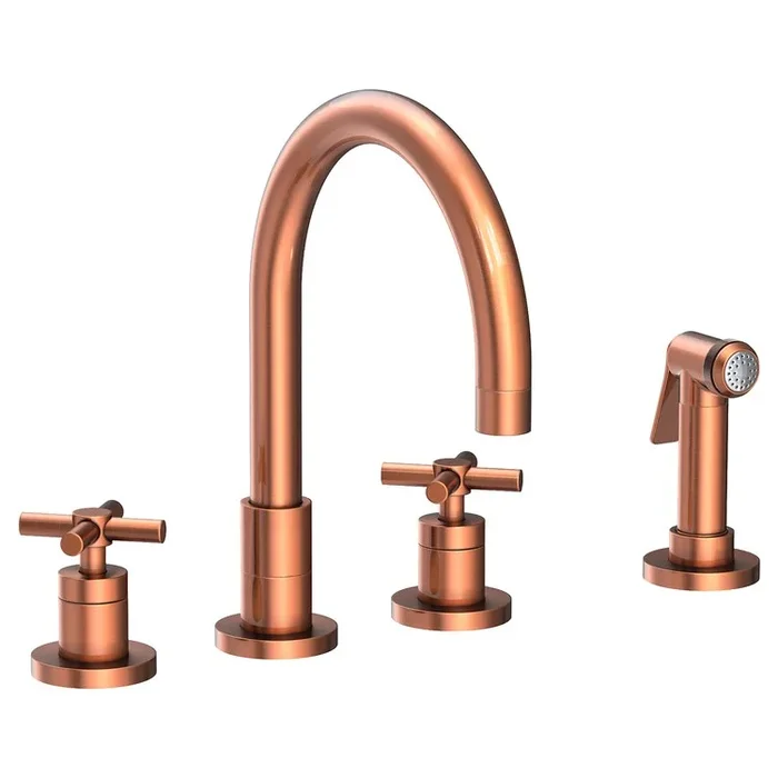 Kitchen Faucet East Linear 8 to 20 Inch Spread 2 Cross ADA Antique Copper Pull Out Sidespray Spout Height 5-5/7 Inch Spout Reach 7-7/8 Inch 1.8 Gallons per Minute