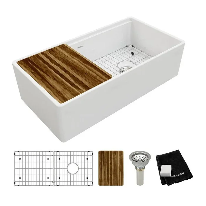 Kitchen Sink Fireclay 36 x 19 Inch Single Bowl Kit Apron Front White Farmhouse Front Drain Location Right Workstation