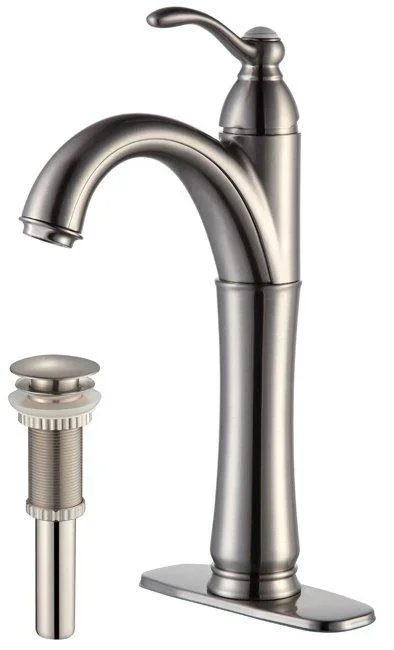 KRAUS Riviera Single Lever Vessel Bathroom Faucet with Matching Pop Up Drain in Satin Nickel