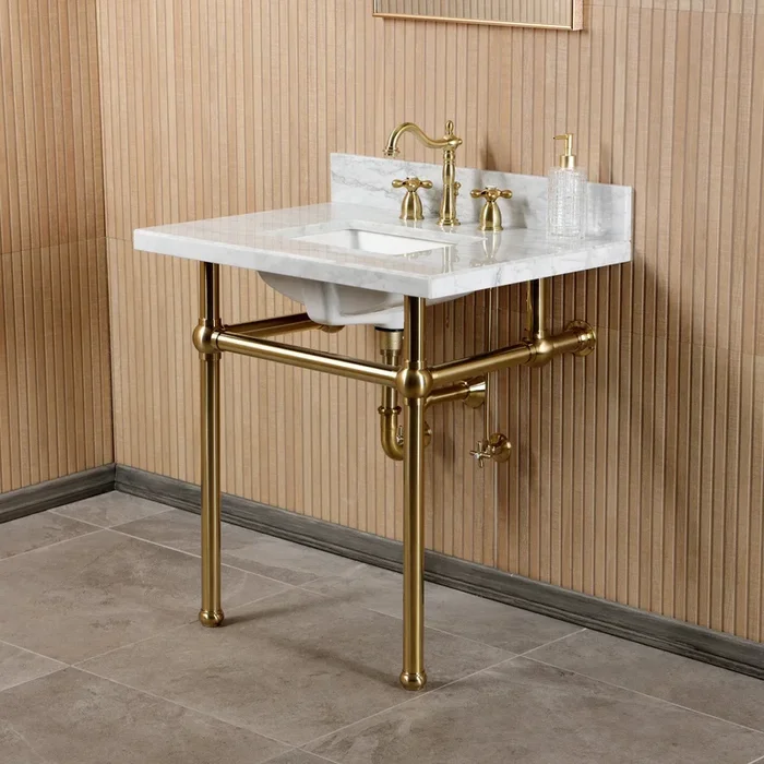Templeton CKVPB3030MBSQ7 30-Inch Carrara Marble Console Sink Set with Widespread Bathroom Faucet and Plumbing Trim Kit (8-Inch, 3-Hole), Carrara Marble White/Brushed Brass