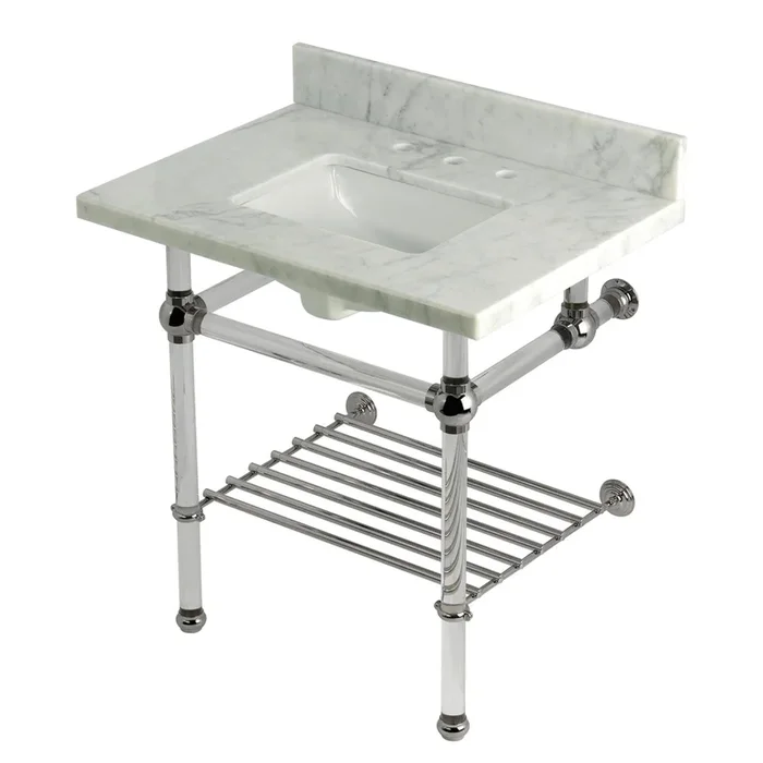 Templeton KVPB3030MASQB6 30-Inch Carrara Marble Console Sink with Acrylic Legs and Shelf (8-Inch, 3-Hole), Carrara Marble White/Polished Nickel
