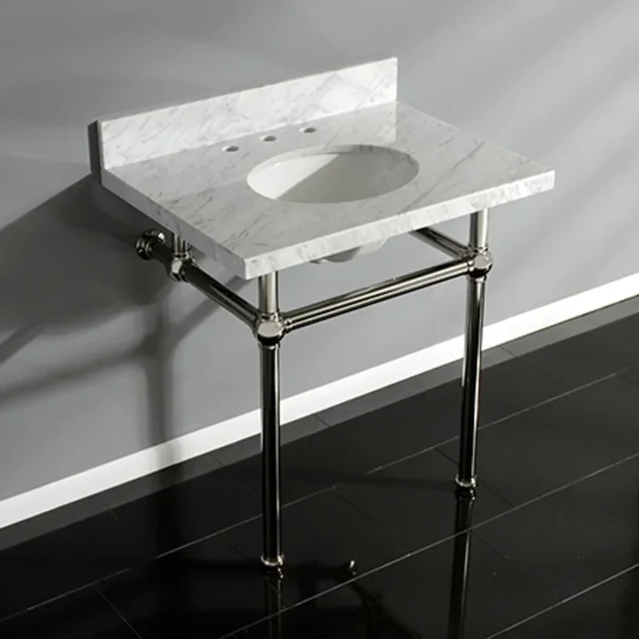 Templeton KVPB3030MB6 30-Inch Carrara Marble Vanity Top with Brass Legs (8-Inch, 3-Hole), Carrara Marble White/Polished Nickel