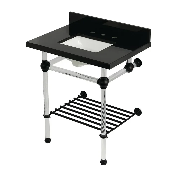 Templeton KVPK30KASQB0 30-Inch Black Granite Console Sink with Acrylic Legs and Shelf (8-Inch, 3-Hole), Black Granite/Matte Black
