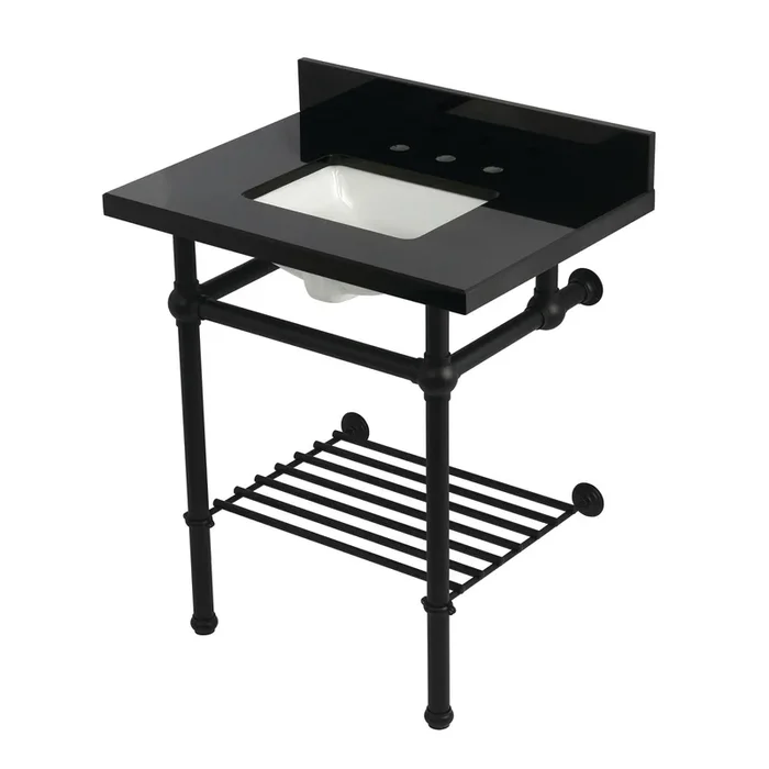 Templeton KVPK30KBSQB0 30-Inch Black Granite Console Sink with Brass Legs and Shelf (8-Inch, 3-Hole), Black Granite/Matte Black